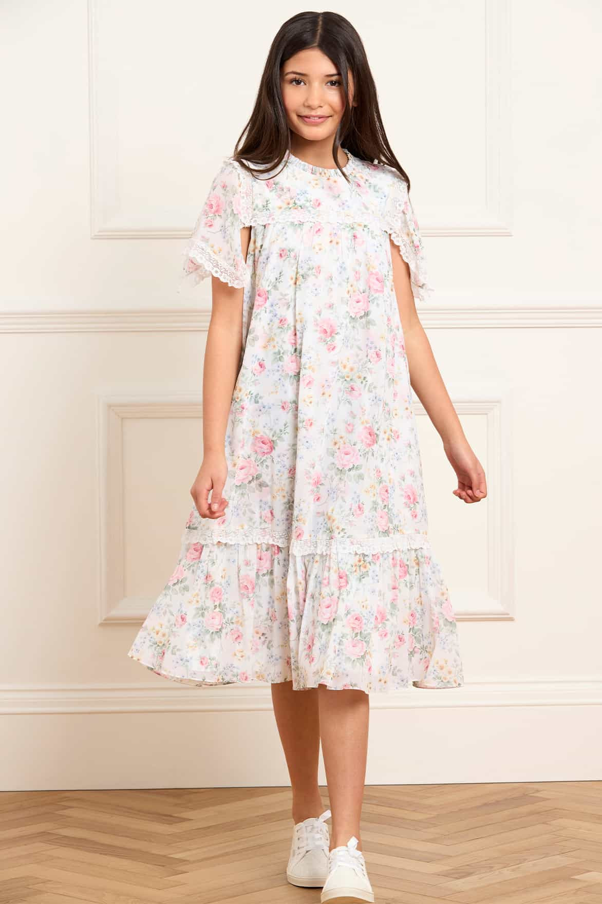 Pompadour Garden Chiffon Lace Kids Dress | Needle & Thread