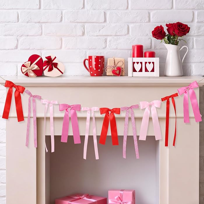 Valentine's Day Bow Garland, Red and Pink Plaid Bows Banner Valentines Ribbon Bow Garland Galenti... | Amazon (US)