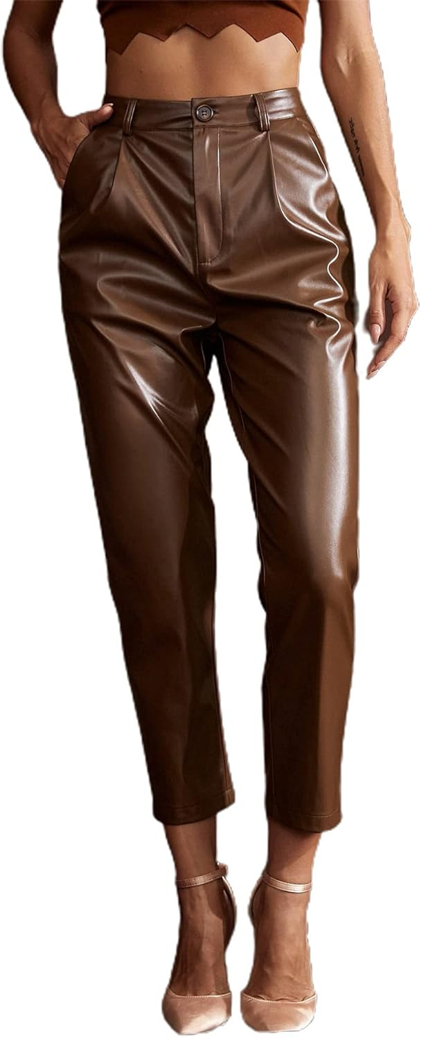 MakeMeChic Women's Faux Leather High Waist Pockets Capris PU Leather Pants | Amazon (US)