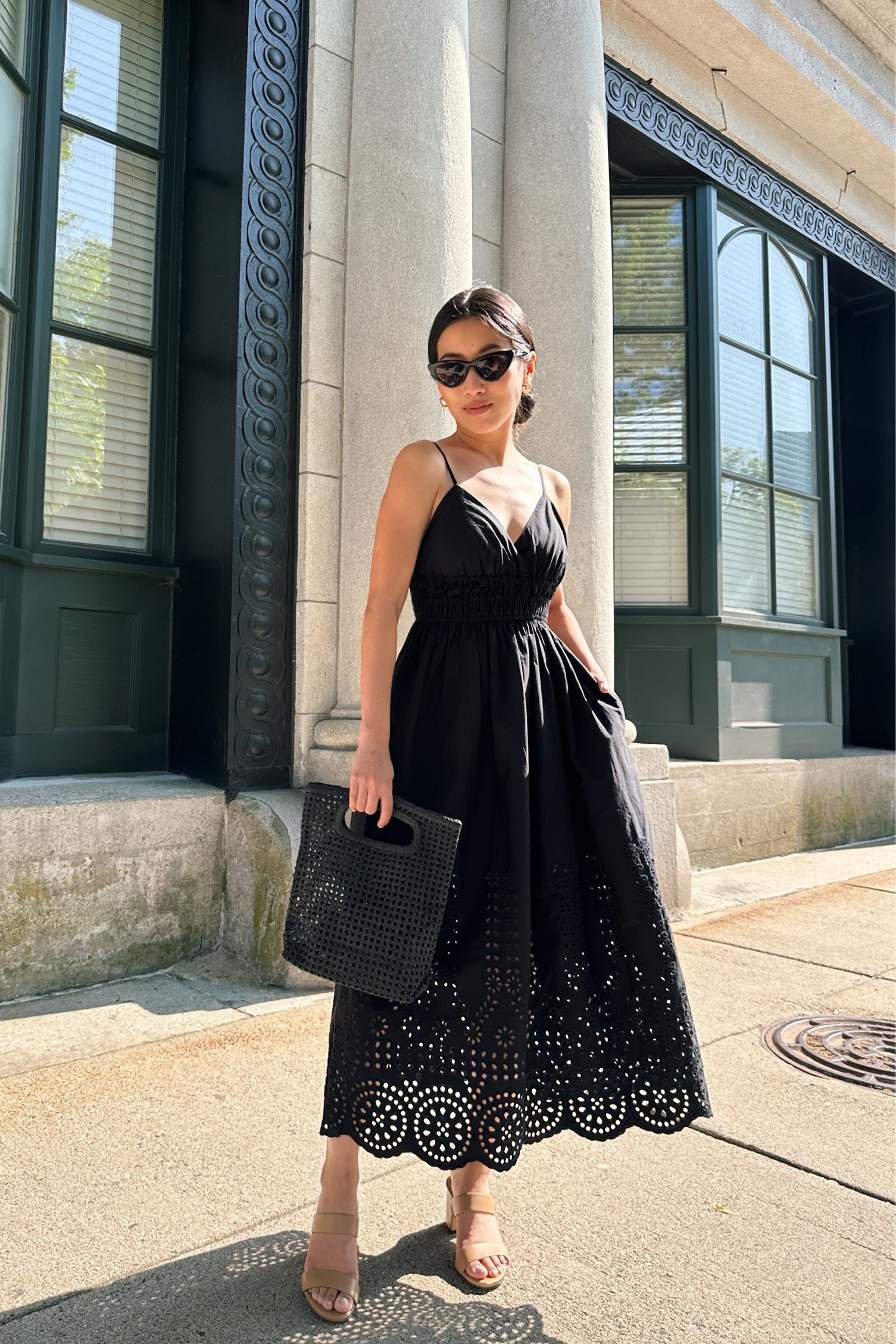 •Black eyelet dress sz 00 petite 
•Block heel sandals sz 5 - very comfortable!
•Open weave bag - also folds over and can be carried as a clutch! 

#LTKshoecrush #LTKSeasonal