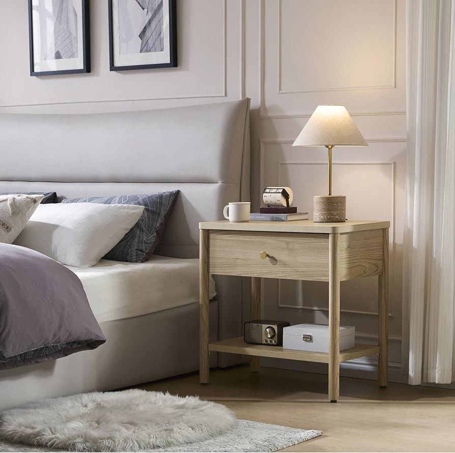 VividVibe End Table with Drawer, Wood Nightstand with Solid Wood Legs, Large Bedside Table Wooden... | Amazon (US)