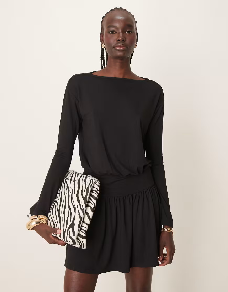 ASOS DESIGN cinched drop waist slash neck mini dress in black | ASOS (Global)