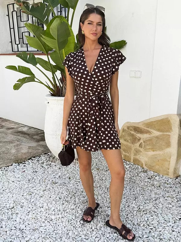 AX Paris Polka Dot Print Wrap Top Skater Mini Dress - Brown | Very (UK)
