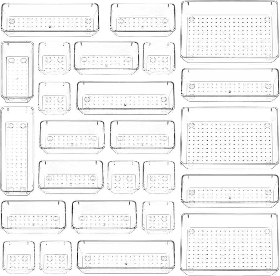 Puricon 25 Pcs Clear Desk Drawer Organizers Set, 4-Size Plastic Bedroom Vanity Dresser Tray Acryl... | Amazon (US)