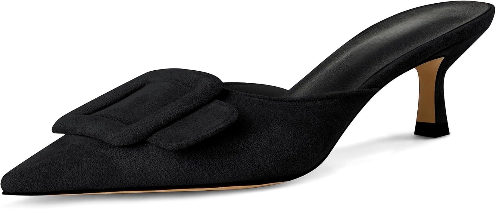 Kitten Heel Mules Sandals for Women Pointed Toe Square Buckle Backless Slip on Suede Stiletto Dre... | Amazon (US)