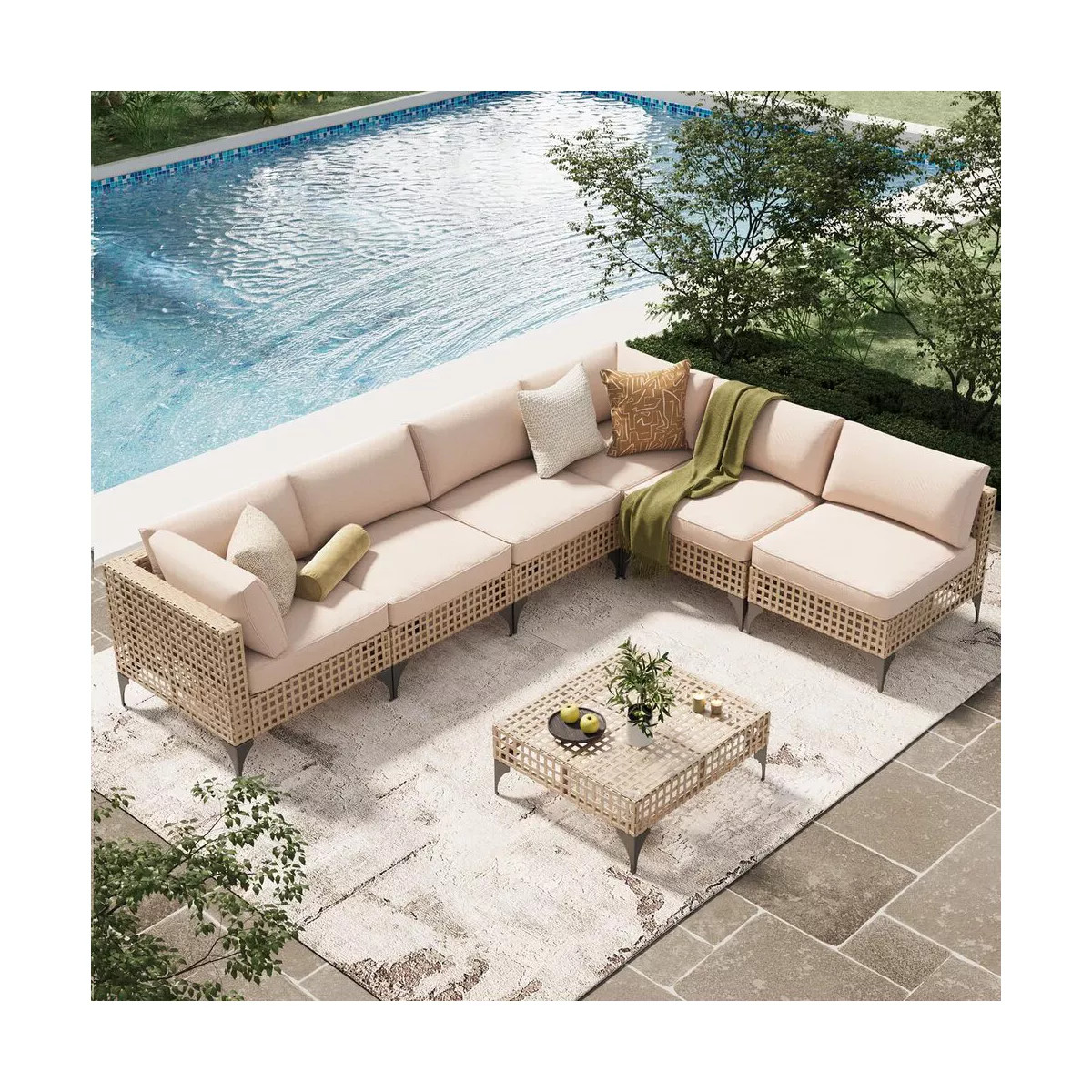 COWLOWN 7 - Piece Boho Outdoor Patio Furniture Set, Light Brown Rattan Sectional with Beige Cushi... | Target