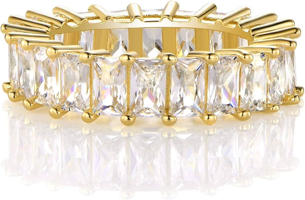 14K Gold Plated Ring Cubic Zirconia Emerald Cut Eternity Ring Band for Women Men | Amazon (US)