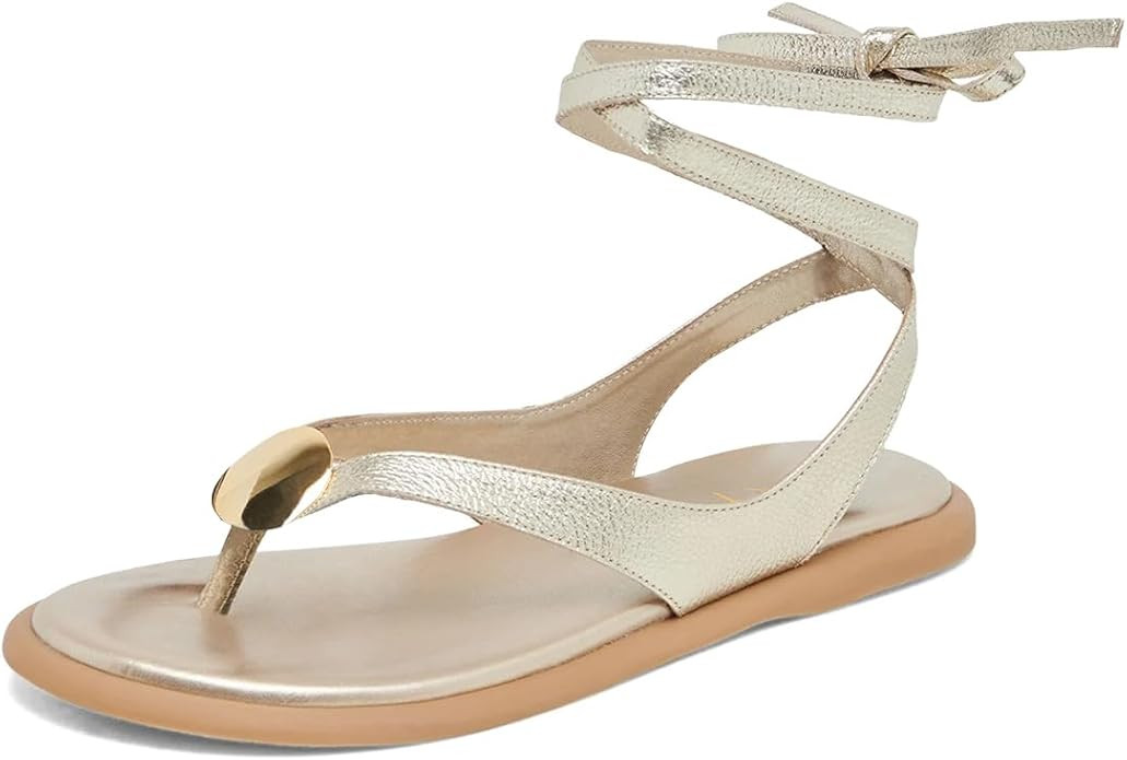 XYD Women Round Open Toe Metal Gold Hardware Flip Flops Ankle Wrap Lace-up Flat Sandals Daily Hol... | Amazon (US)
