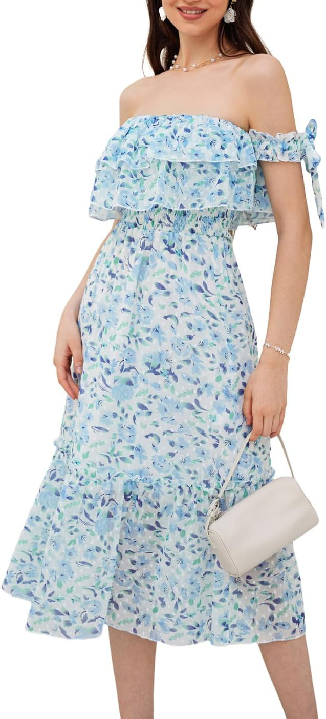 GRACE KARIN 2024 Summer Womens Vacation Dress Strapless Off Shoulder Smocked Chiffon Flowy A Line... | Amazon (US)