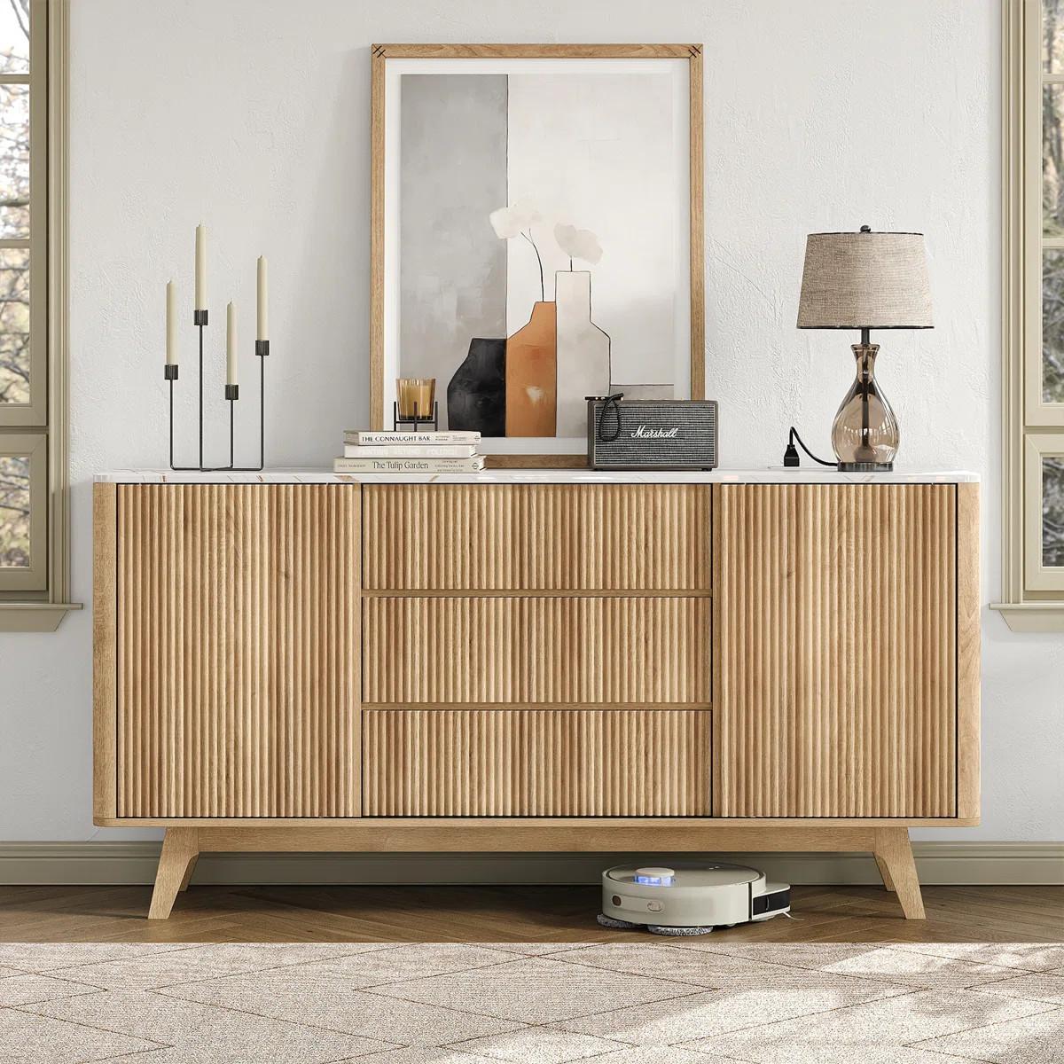 62" W Fluted Buffet Cabinet With Sliding Doors, Modern Sideboard Storage Cabinet With Power Outle... | Wayfair North America
