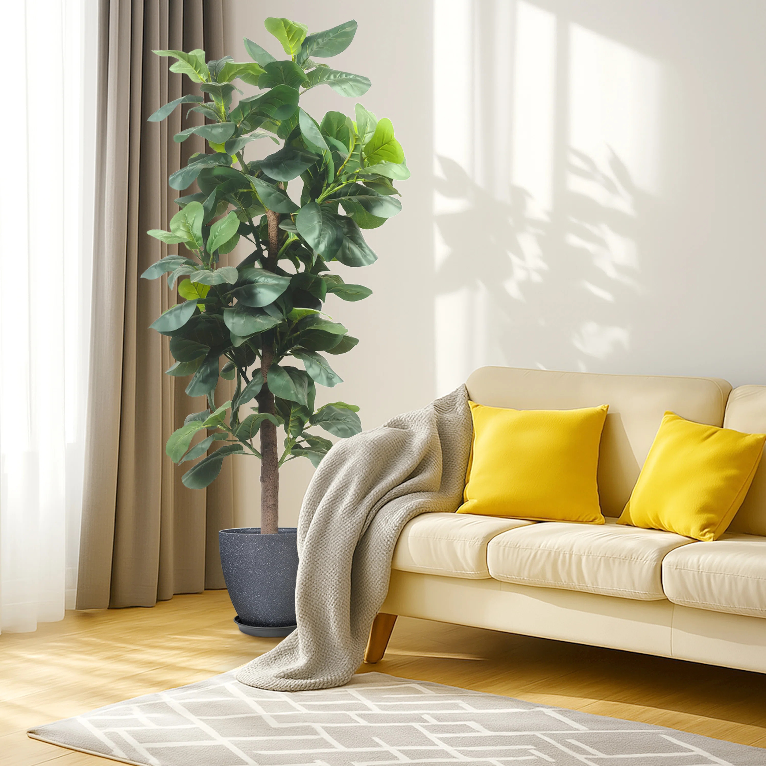 Artificial Fiddle Leaf Fig Tree & Resin Round Plant Pots with Tray | Wayfair North America