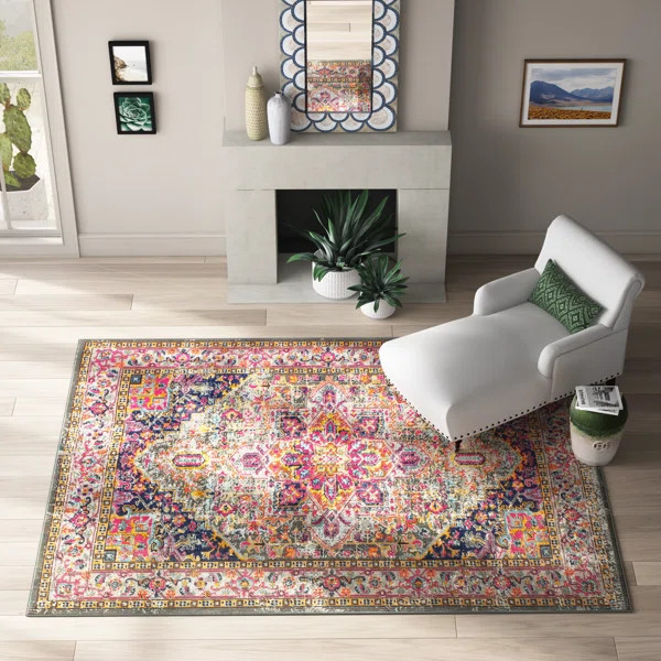 Ashburn Oriental Pink/Navy Blue/Light Blue Area Rug | Wayfair North America