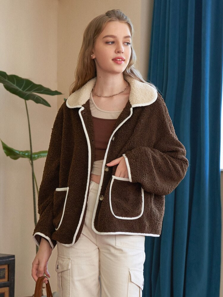 SHEIN MOD Contrast Collar Dual Pocket Teddy Coat | SHEIN