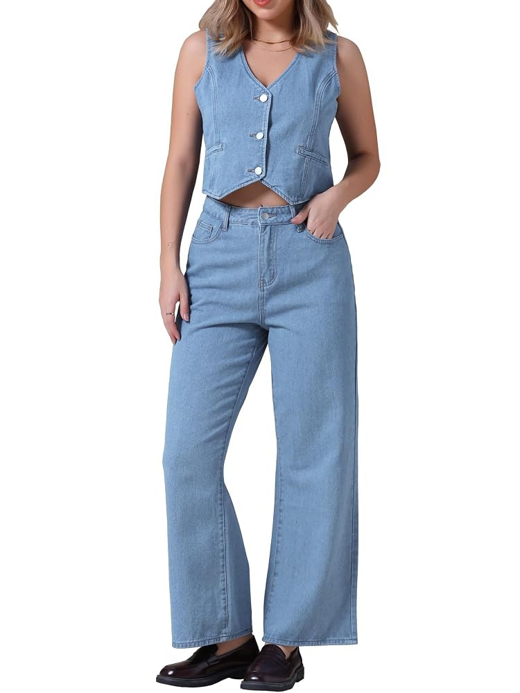 Women's Denim Set 2 Piece Outfits V Neck Sleeveless Matching Sets Wide Leg Jeans Waistcoat Jean V... | Amazon (US)