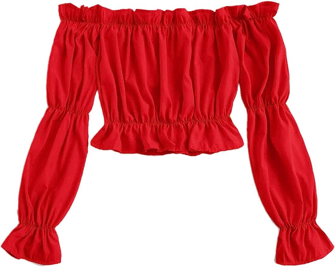 MakeMeChic Women's Ruffle Trim Off Shoulder Long Sleeve Bardot Blouse Crop Top | Amazon (US)