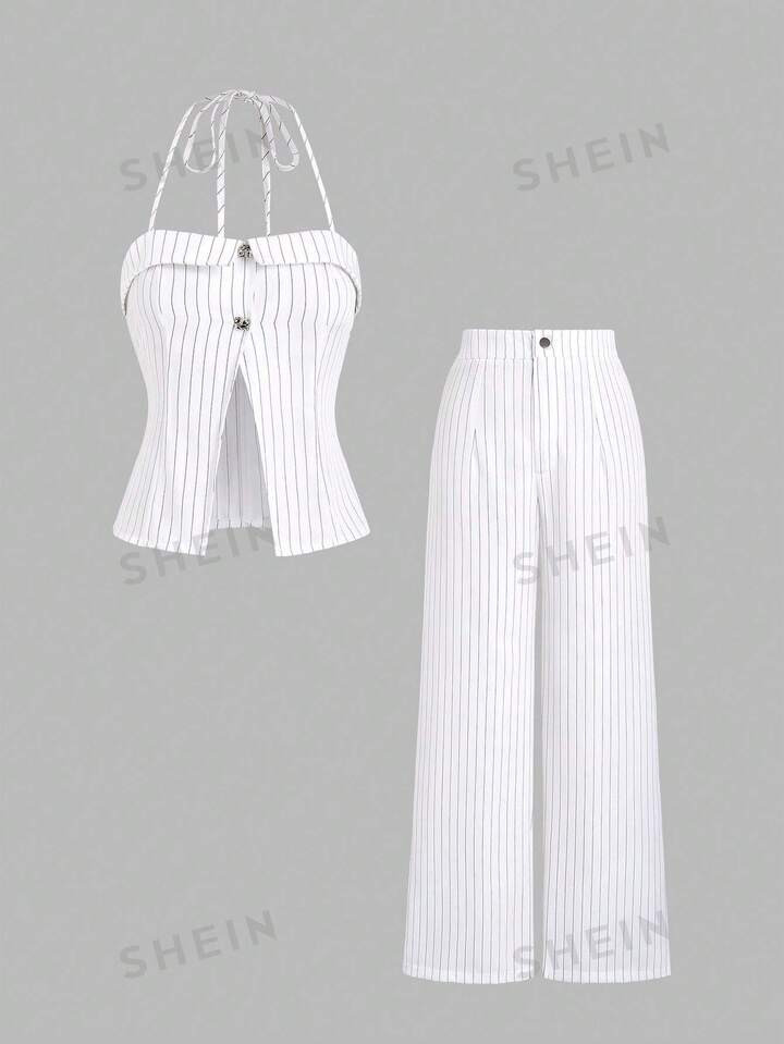 SHEIN MOD Striped Print Halter Neck Sleeveless Top And Pants Summer Casual Set | SHEIN | SHEIN