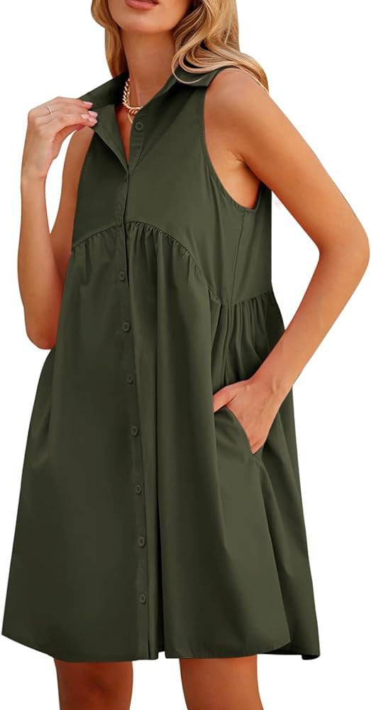 DEEP SELF Women Summer Collared Shirt Dress Casual Loose Button Down Short Dress V Neck Tunic Min... | Amazon (US)