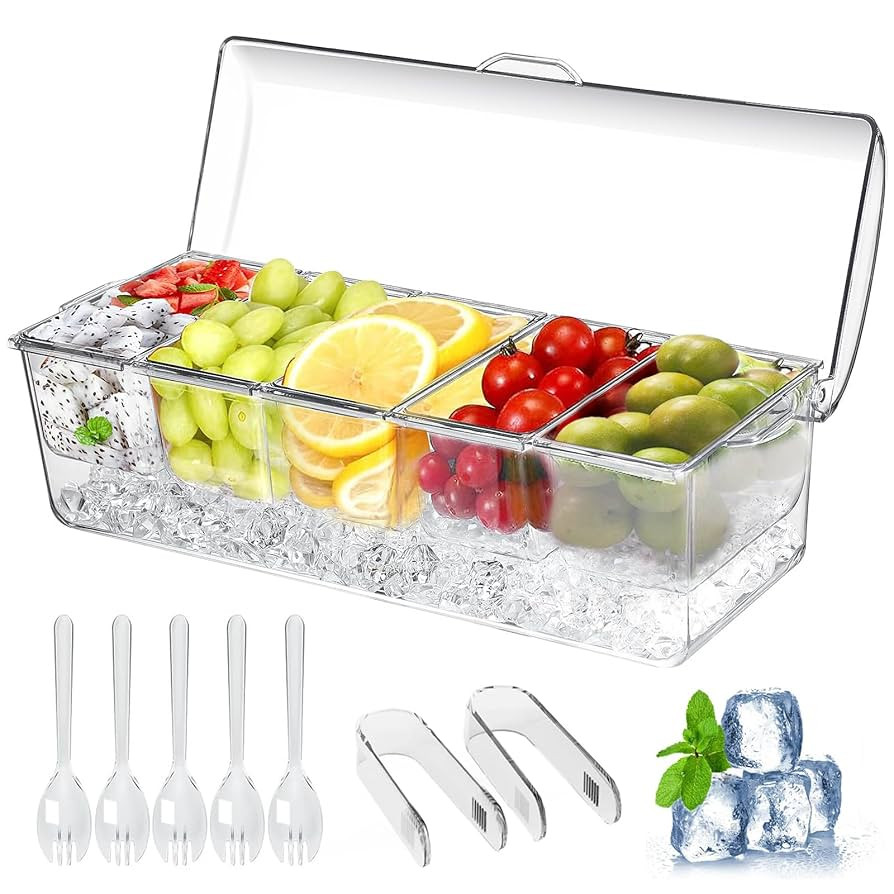 Large Ice Chilled Condiment Caddy，Chilled Condiment Containers Server with Lids for 5 Removable... | Amazon (US)