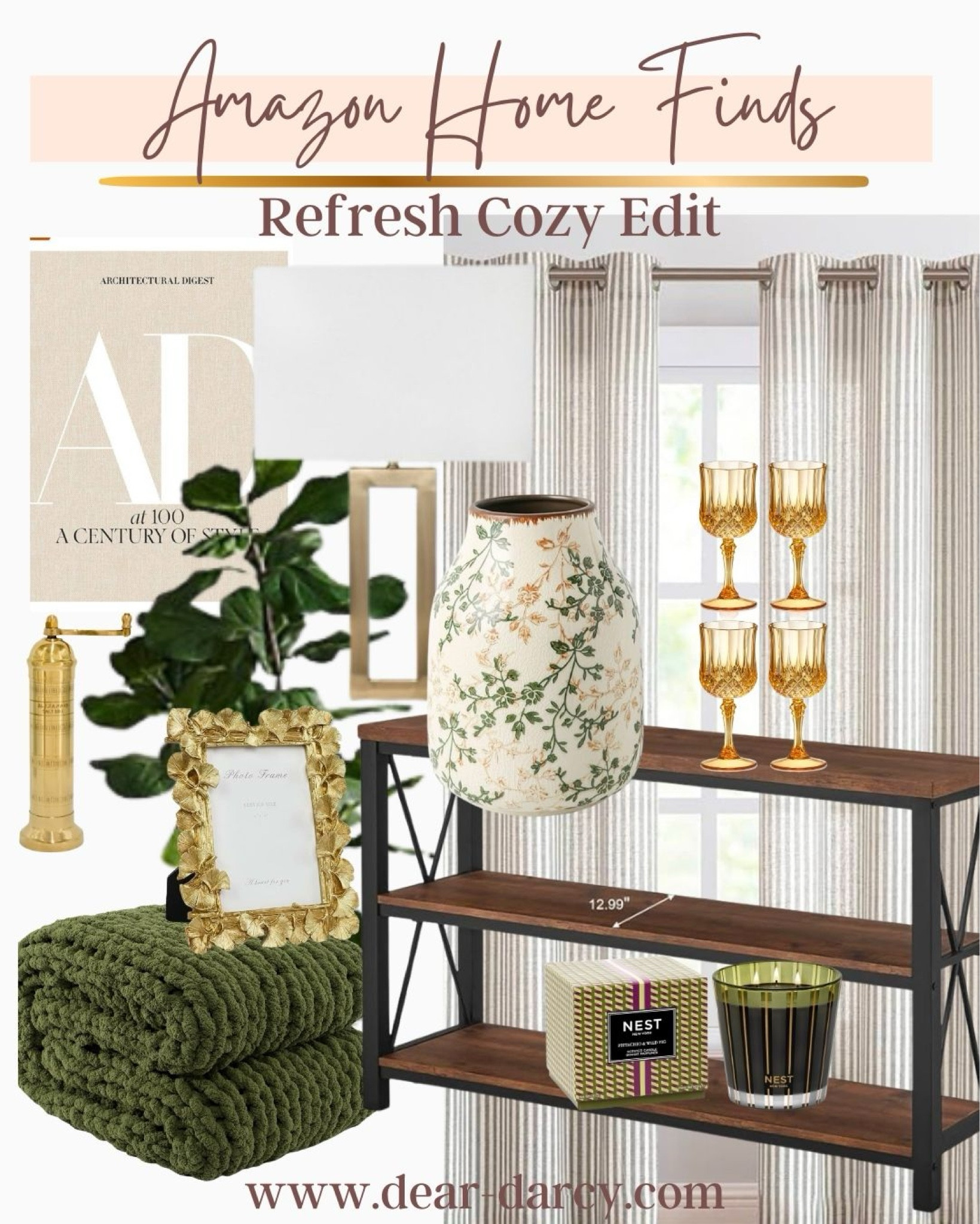 Amazon Home find
Refresh Cozy edit 

Warm wood tones, gold and greens make for pretty touches for a refresh
All best sellers

Sale 50% off on the Architectural Digest coffee table book

Fig tree
Entry table 
Gold  modern accent lamp

Ticking stripe curtains 

Gold goblets
Green cozy throw
Gold frame
Nest candle
Brass pepper mill
Beautiful small green floral vace

#LTKSaleAlert #LTKStyleTip #LTKHome