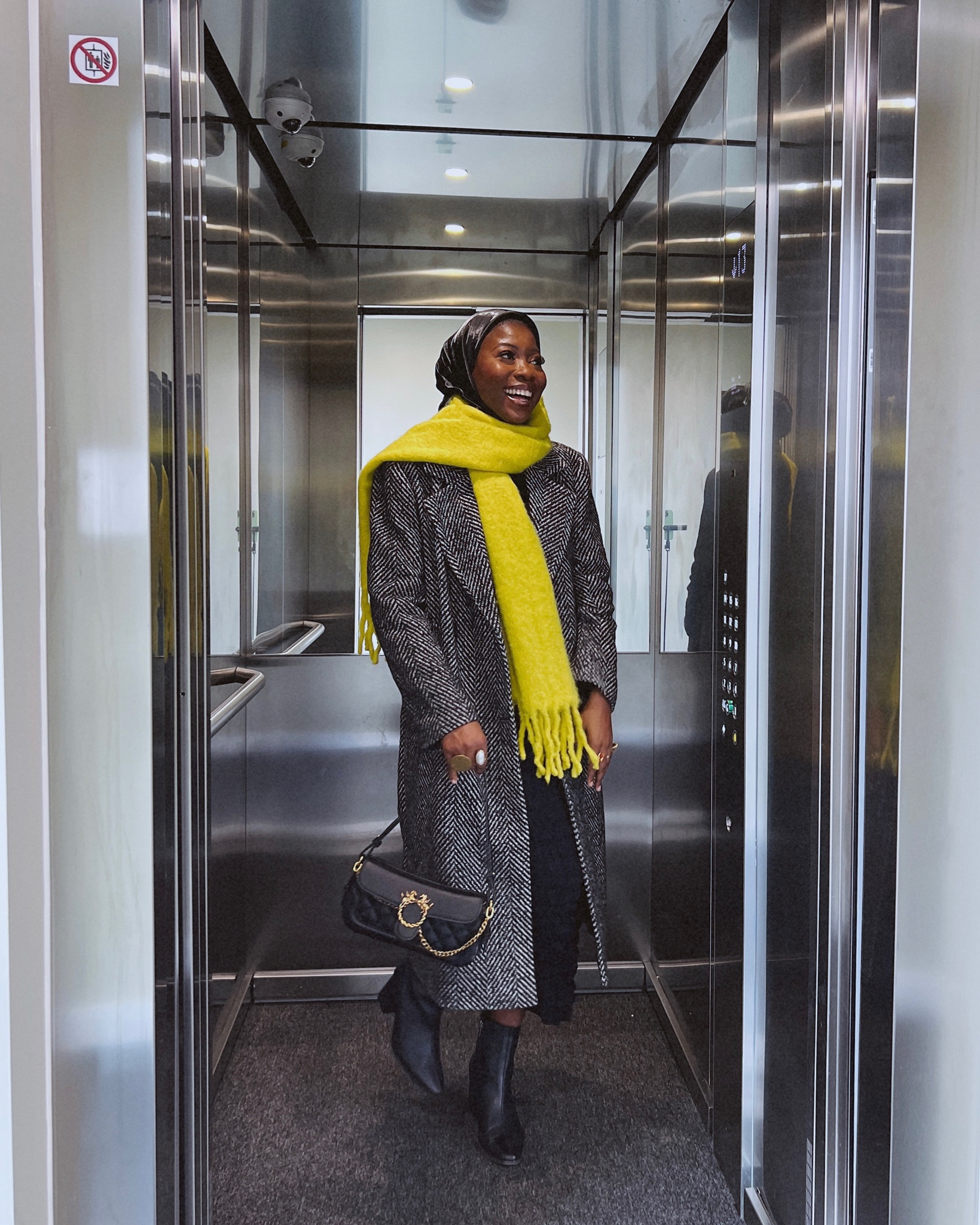 Coat from NA-KD fashion, scarf from tkmax, dress and boot(asos).  Autumn outfit, fall outfit, coat , scarf, black dress, black boots, yellow scarf, neon scarf, herringbone coat, autumn fashion

#LTKstyletip #LTKeurope