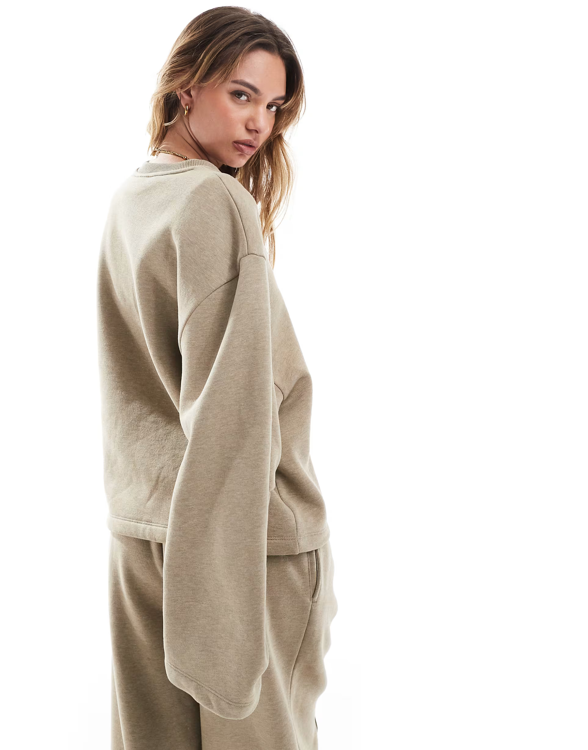 ASOS DESIGN oversized sweat with ruched sleeve detail in khaki marl | ASOS (Global)