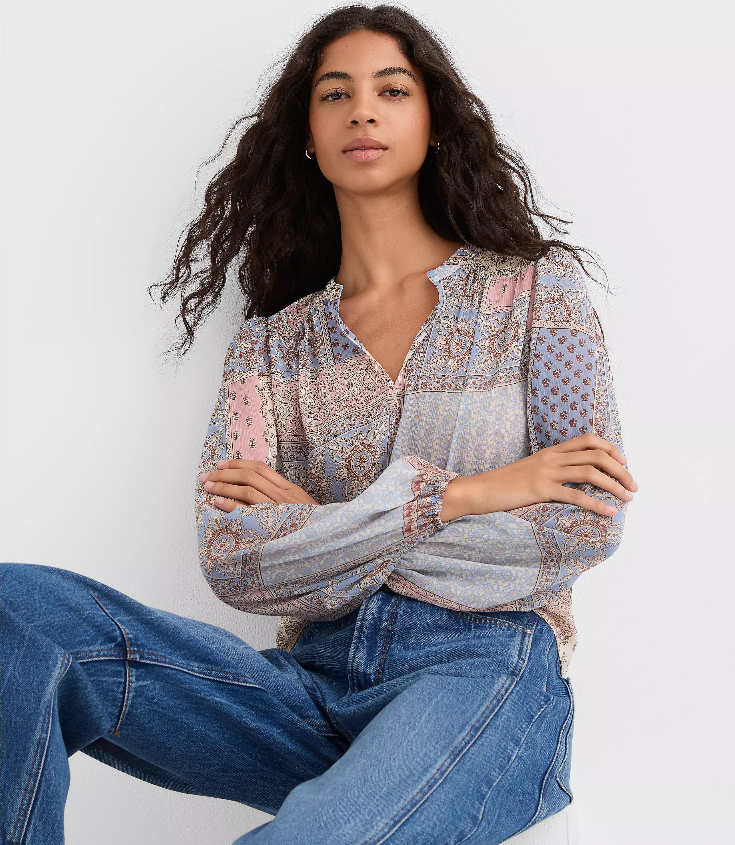Patchwork Split Neck Blouse | LOFT