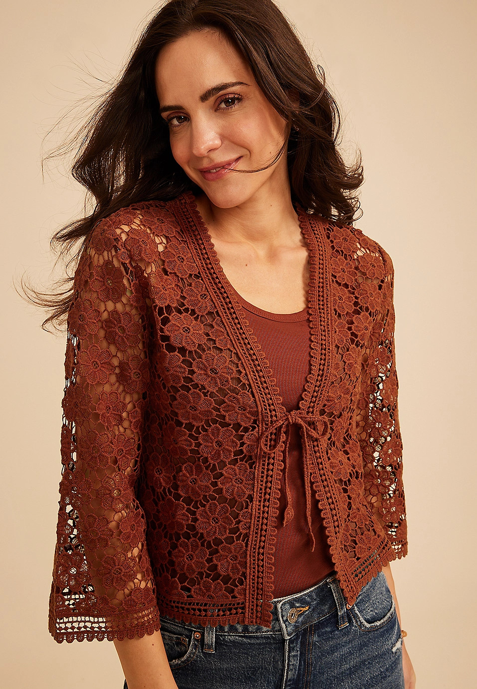 Floral Crochet Tie Front Cardigan | Maurices