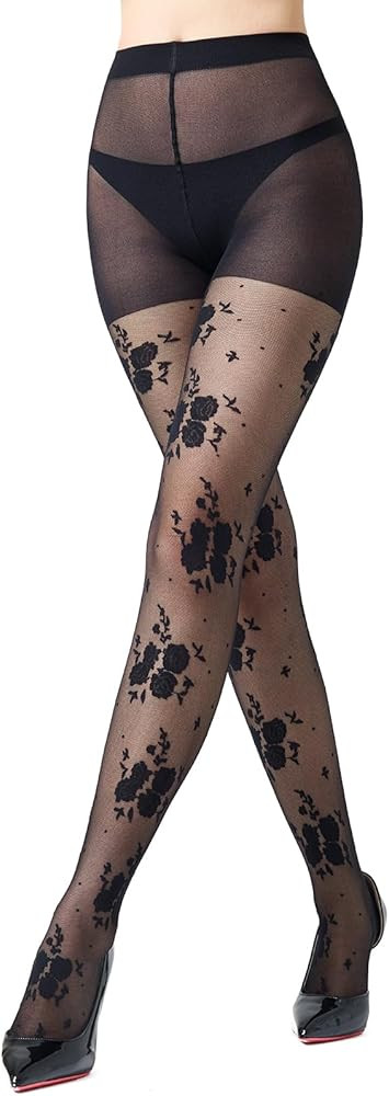 Black Patterned Tights for Women, 20D Ultra Thin Sheer Pantyhose, High Waist Stocking Tights | Amazon (US)