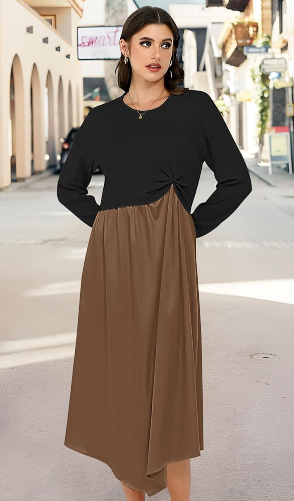 Womens Sweater Dress Trendy Color Block Fall Winter Long Sleeve Dresses with Silky Smooth Hem | Amazon (US)