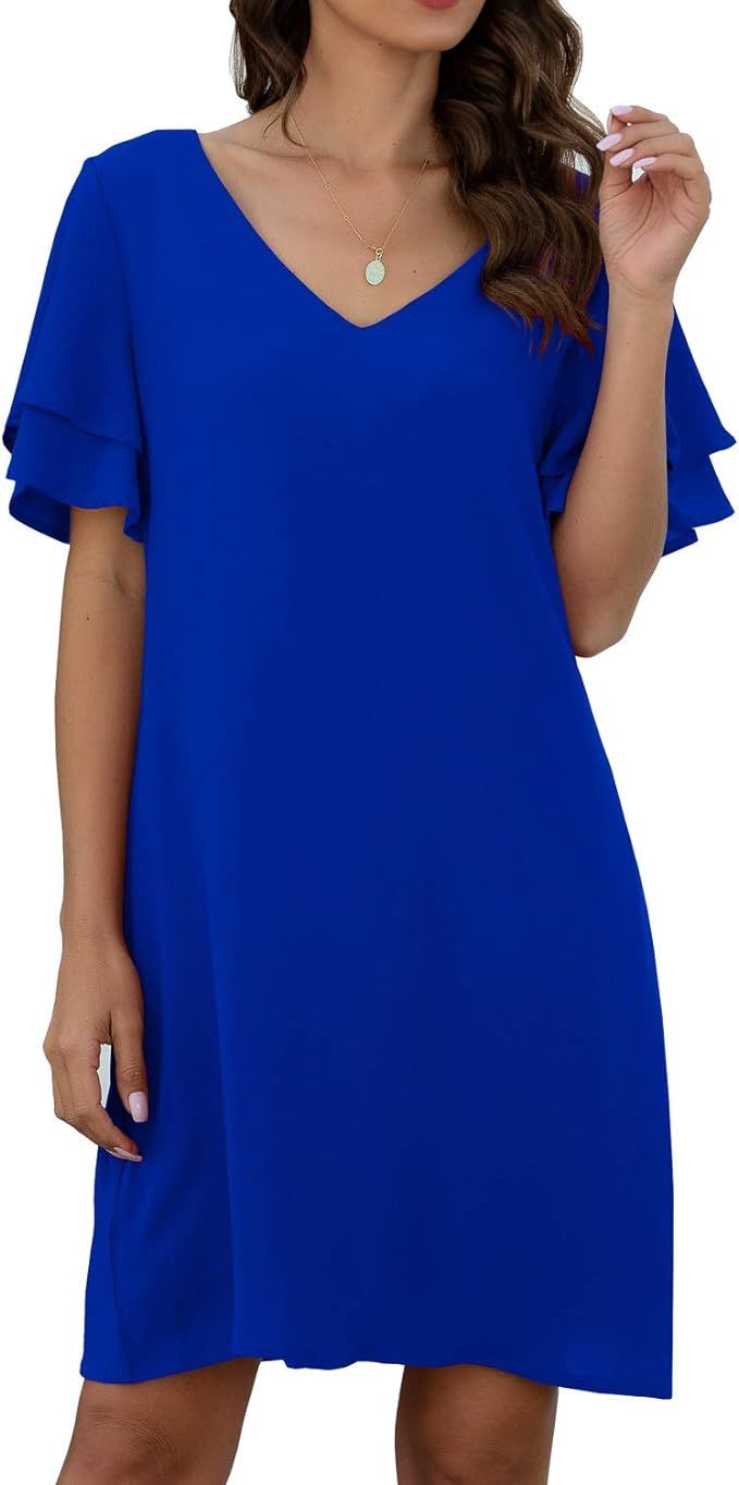 QIXING Women's Summer Casual Loose Mini Dress V-Neck Bell Short Sleeve Shift Dress | Amazon (US)