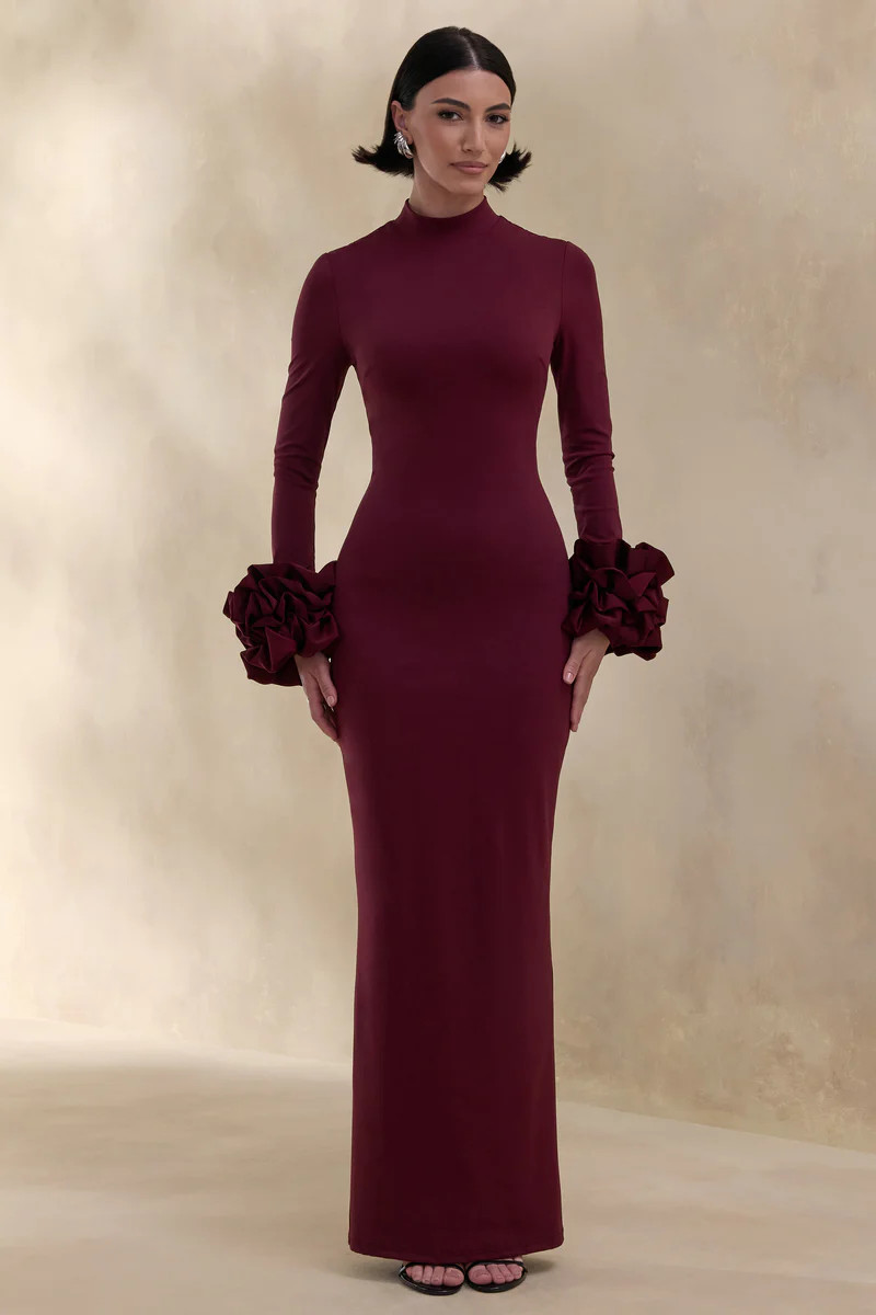 Jaselle | Dark Plum High-Neck Maxi Dress With Ruffled Satin-Cuffs | Club L London