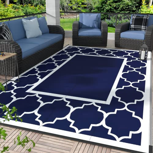 GENIMO 5' x 8' Outdoor Rug Waterproof for Patio Decor, Foldable Reversible Plastic Straw Area Rugs Mat for Camper, Outside Carpet for Rv, Deck, Porch, Picnic, Beach, Balcony, Blue & White | Amazon (US)