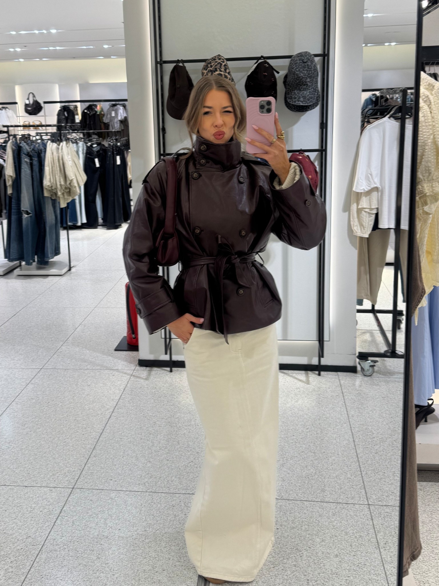 Burgundy funnel neck faux leather jacket 