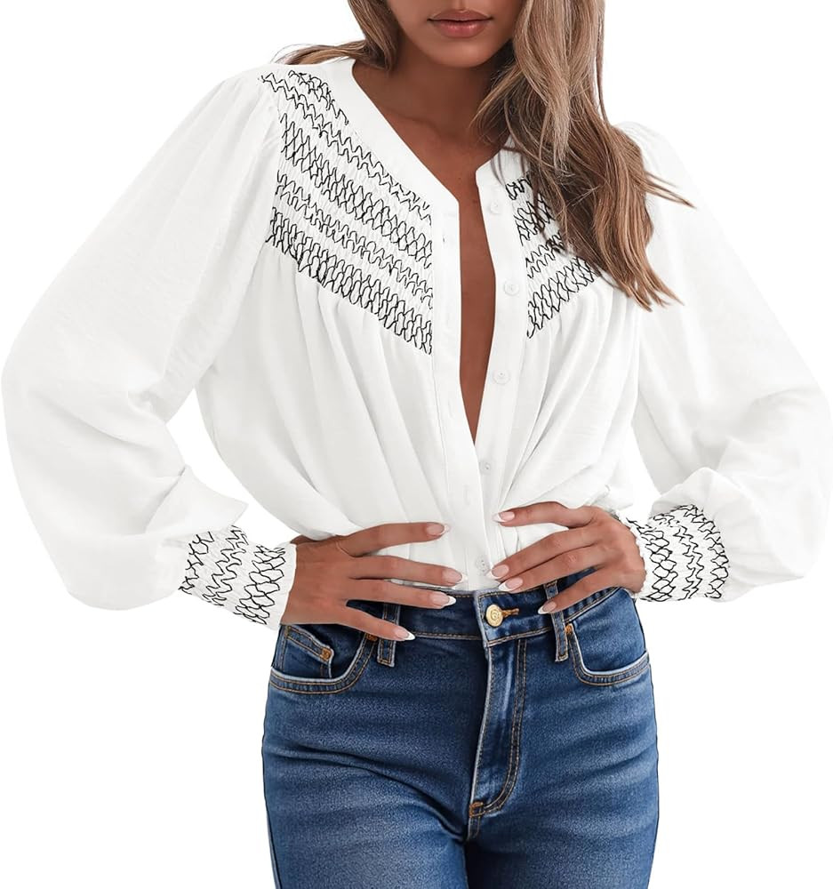 PRETTYGARDEN Womens Long Sleeve Shirts Tops 2025 Boho V Neck Smocked Oversized Button Down Blouse... | Amazon (US)