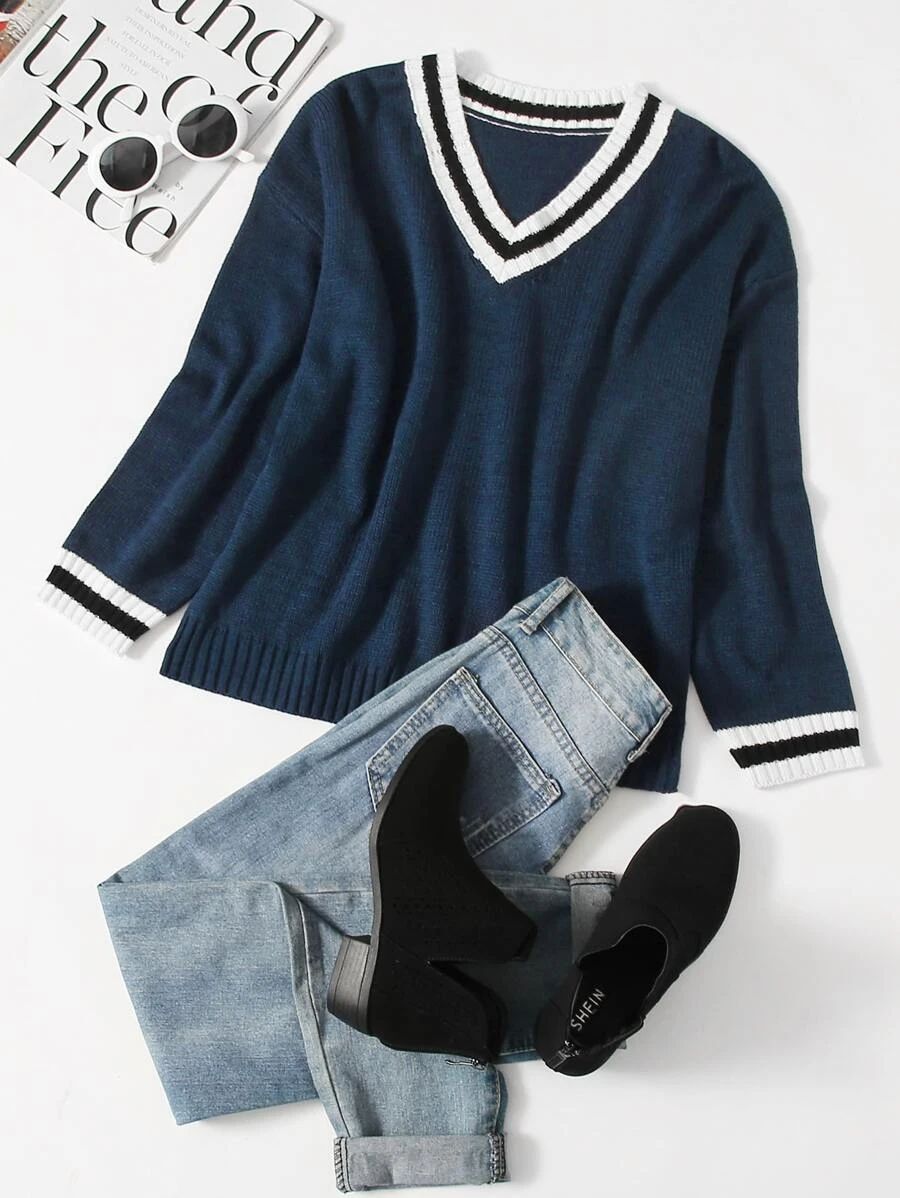 V-neck Striped Trim Sweater | SHEIN