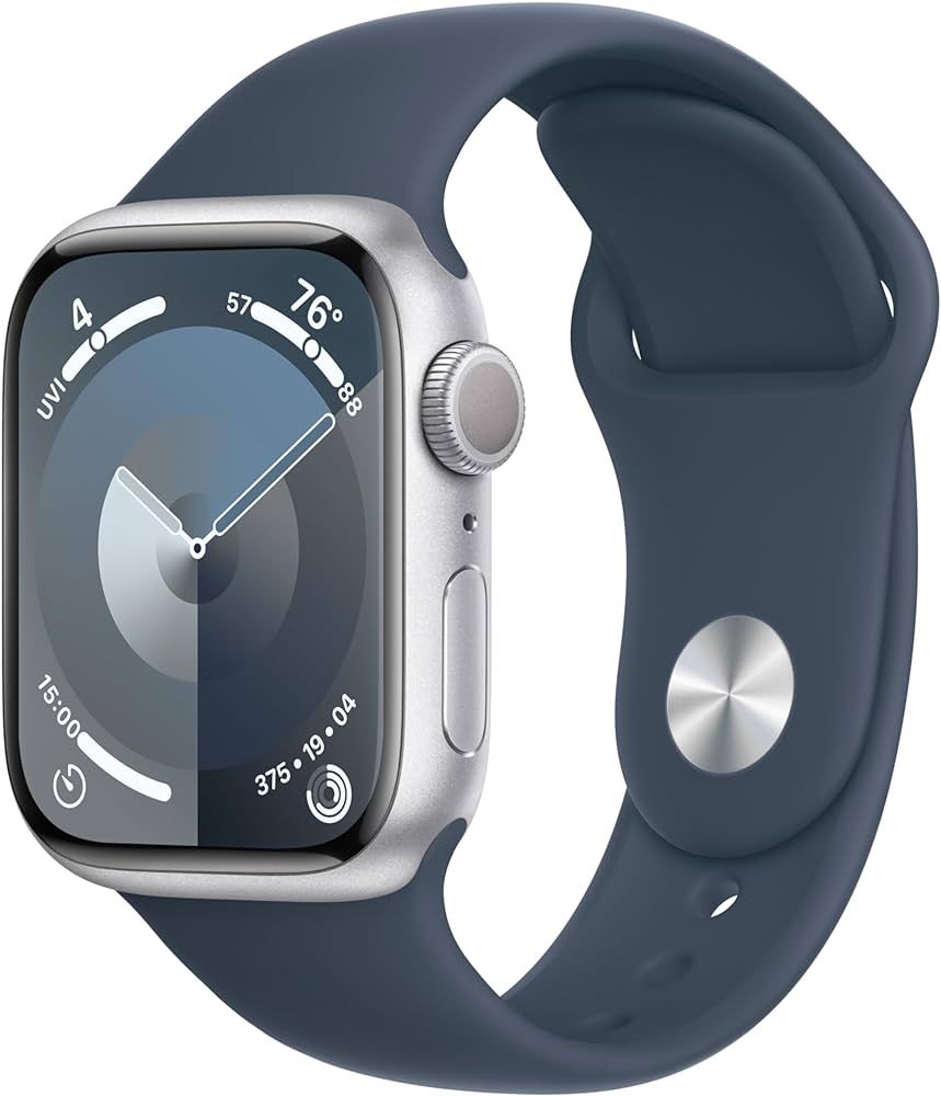 Apple Watch Series 9 GPS 41mm Silver Aluminum Case with Storm Blue Sport Band - S/M | Amazon (US)