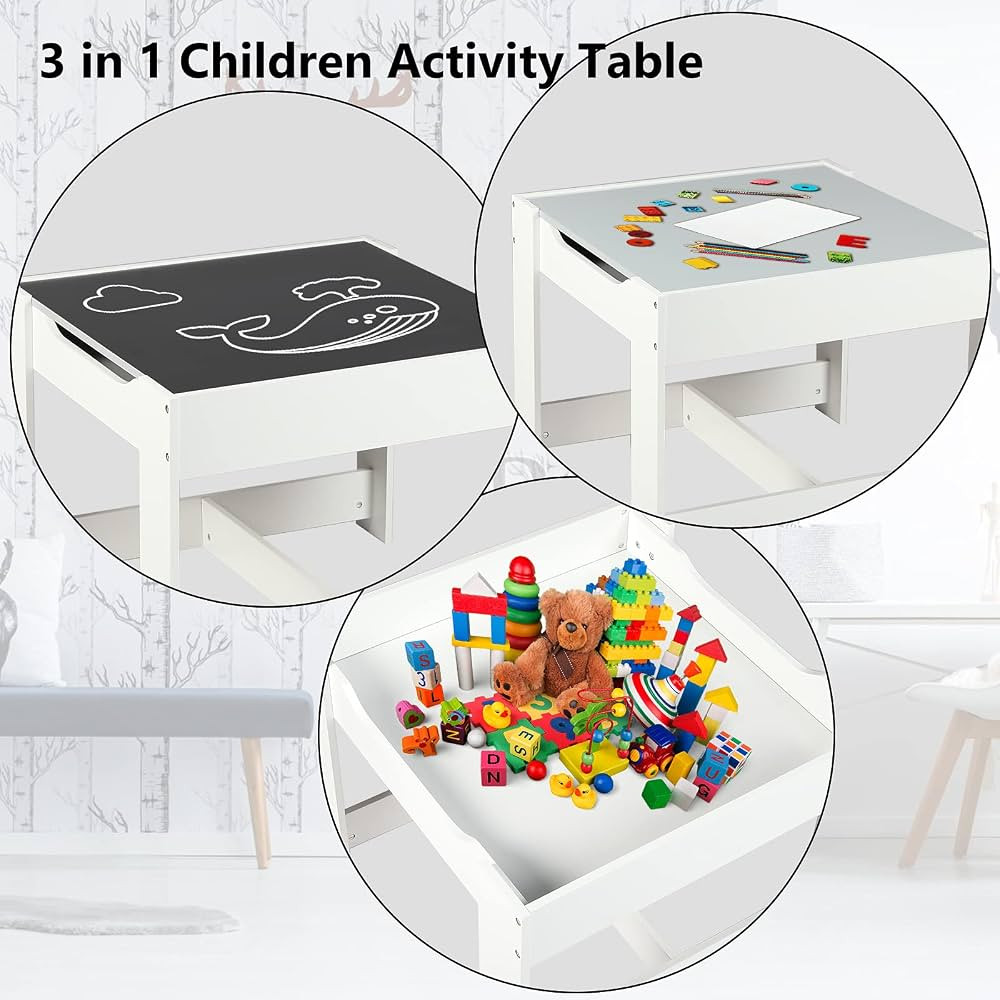 Kinder King Kids Wood Table & 2 Chairs Set, 3 in 1 Children Activity Table w/Storage, Removable T... | Amazon (US)