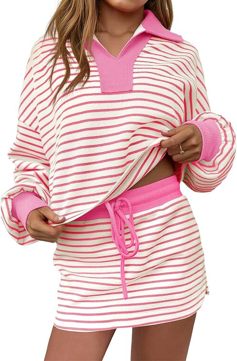 Fisoew Womens Striped 2 Piece Outfits Casual Sweatshirt Skirt Set Long Sleeve Skort Workout Set M... | Amazon (US)