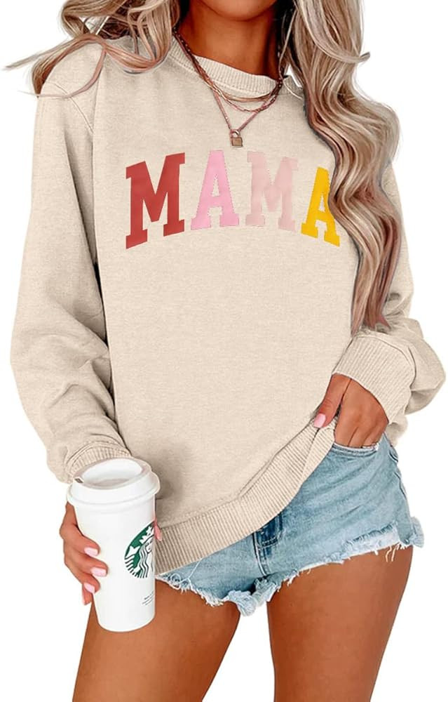 BOUTIKOME Mama Sweatshirt Women Funny Mama Letter Print Graphic Mom Life Long Sleeve Crewneck Pul... | Amazon (US)