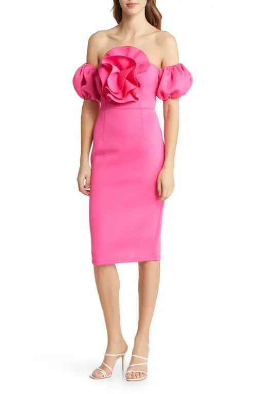 NIKKI LUND Norma Rosette Off the Shoulder Dress in Pink at Nordstrom, Size Large | Nordstrom