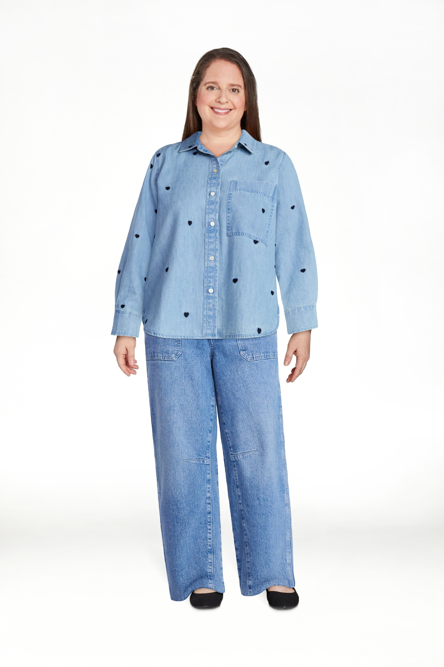 Free Assembly Women's and Women’s Plus Embroidered Hearts Denim Shirt with Long Sleeves, Sizes ... | Walmart (US)