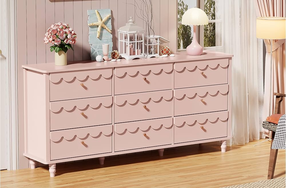 Anbuy Scalloped Organizer Storage with Drawers, Pink 9 Drawer Dresser for Bedroom, Modern Wide Lo... | Amazon (US)