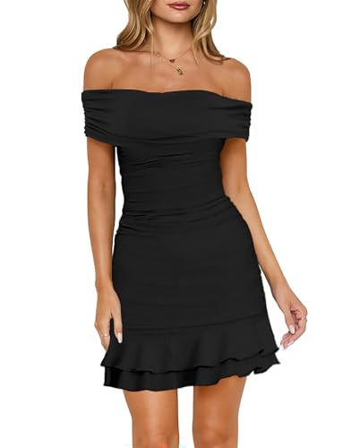 HYPERFIRE Women's Off The Shoulder Ruched Bodycon Dress Short Sleeve Ruffle Mini Dresses Cocktail Black Small | Amazon (US)