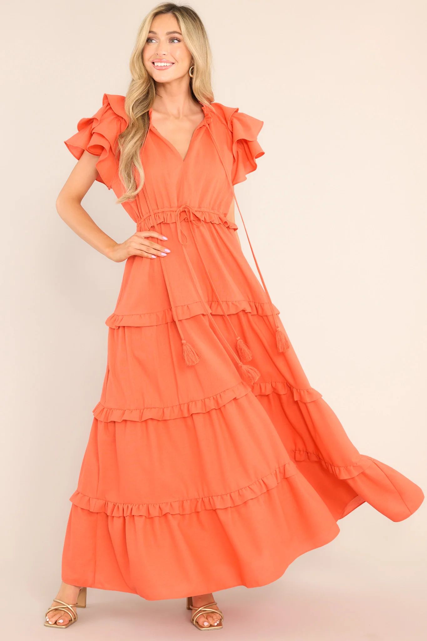 Ruffle Some Feathers Spice Maxi Dress | Red Dress