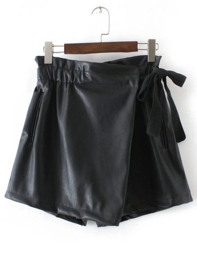 Black Wrap PU Shorts With Tie | SHEIN