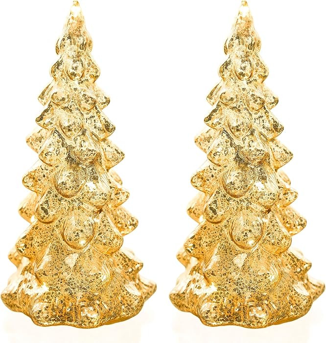 Set of 2 Mercury Glass Christmas Tree Set Gold Glass Christmas Trees Collectible Figurines with L... | Amazon (US)
