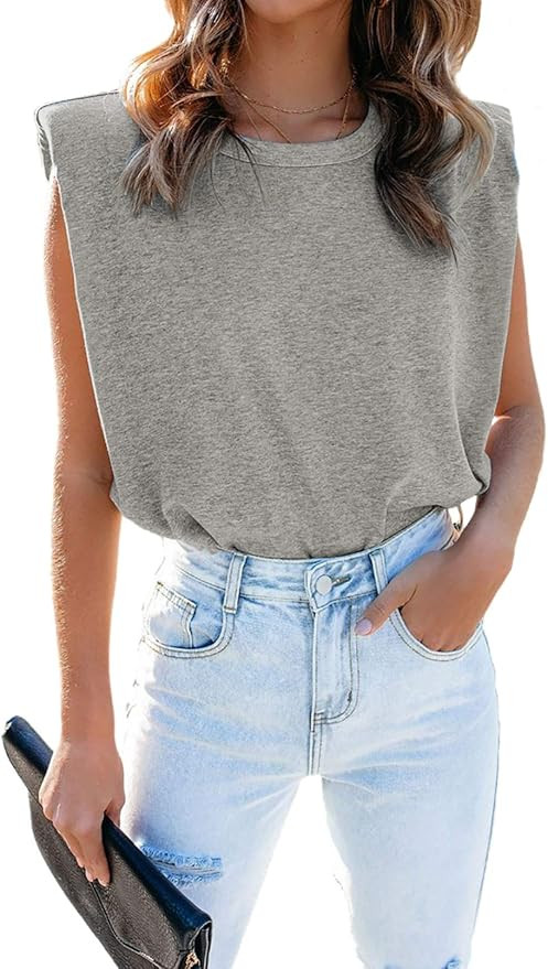 AlvaQ Womens Summer Pad Shoulder Tank Tops Casual Loose Sleeveless Shirts Tees Vest | Amazon (US)