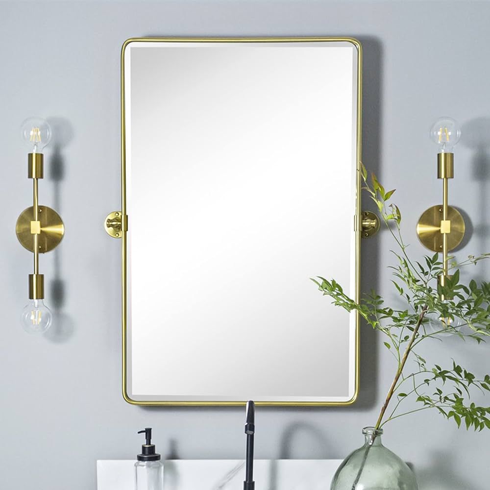 TEHOME 20x30'' Pivot Rectangle Bathroom Vanity Mirror Brushed Gold Rounded Corner Metal Framed Ti... | Amazon (US)