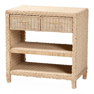 Japandi Style Natural Rattan Console Table With Drawers And Open Shelves | Wayfair North America