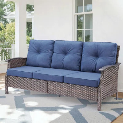 73.4" Wide Outdoor Wicker Sofa with Blue Cushions | Wayfair North America
